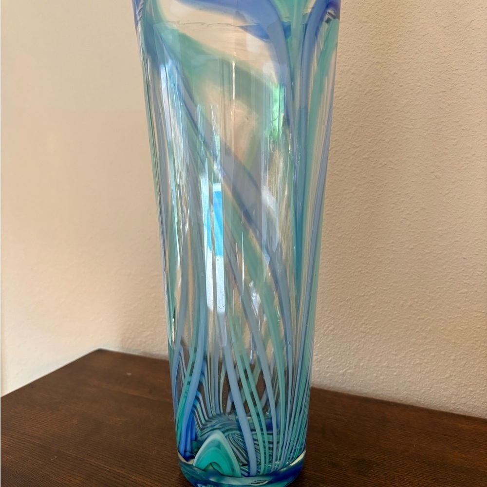 Vintage hand blown Blue and Green Swirl Glass Vase